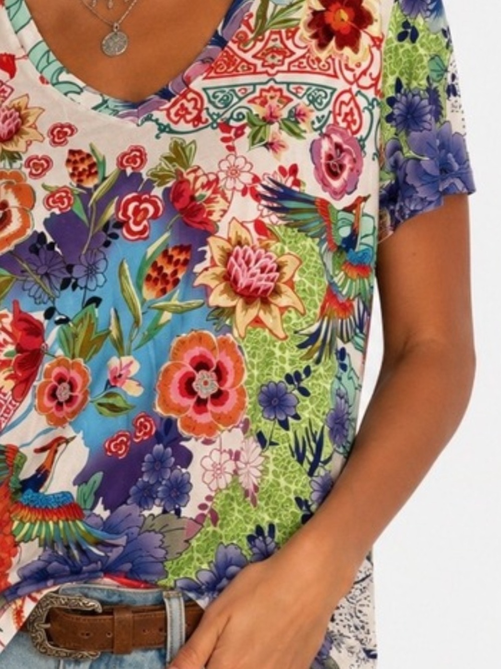 Johnny Was Floral Patchwork Print V-Neck Tee T-shirt T11226-1 Multicolor M